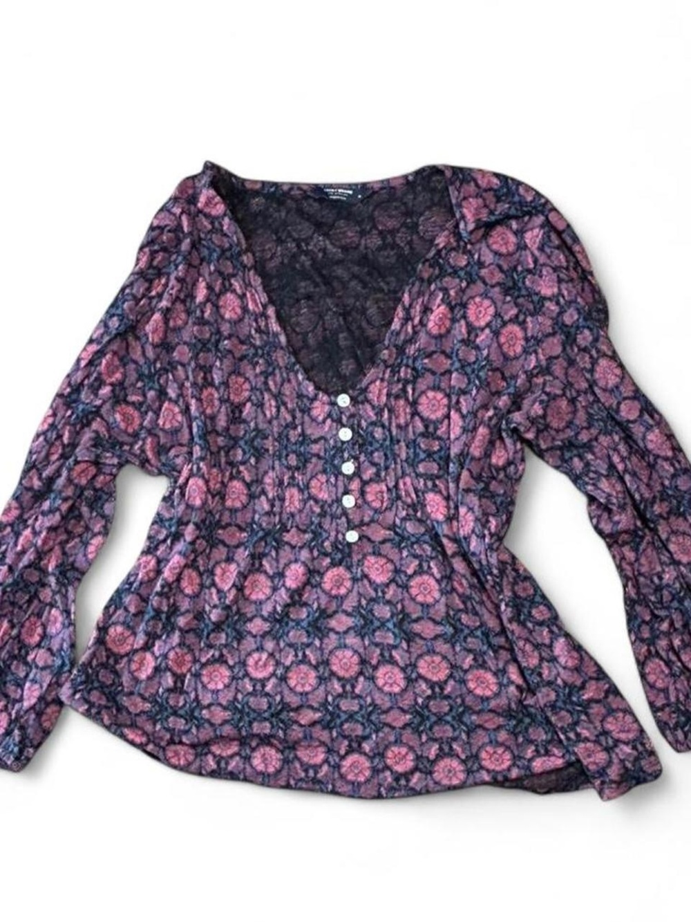 Lucky Brand Pink + Blue Floral Blouse (Size M) | Boho / Cottagecore / Feminine